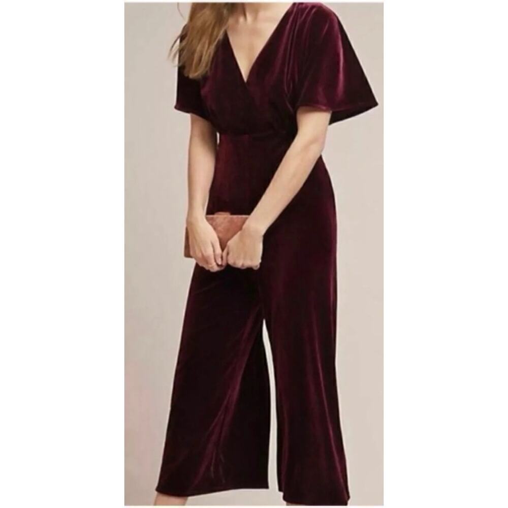 Greylin Anthropologie Luna Velvet Wide Leg Jumpsuit Red Holiday Women's Small